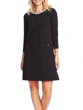 CeCe Black White Pin Dot Ponte Dress Size L Beaded Pearl Accent Collar Academia